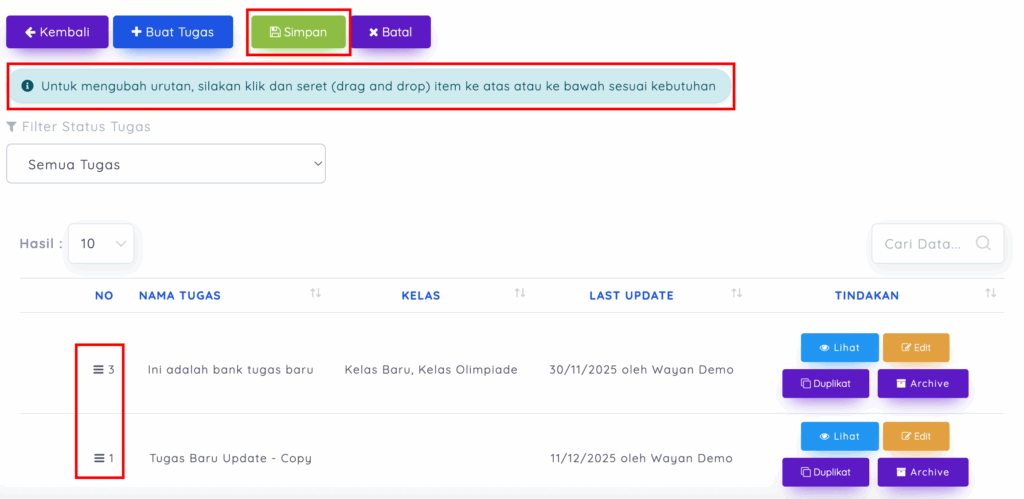drag dan drop urutan tugas