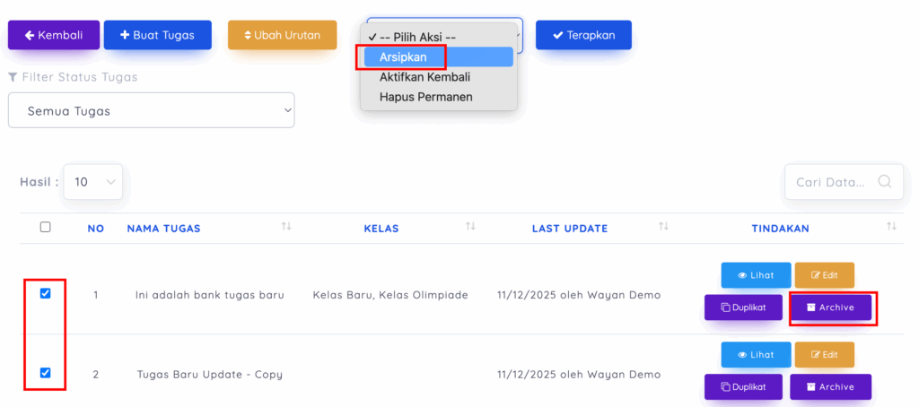 Arsipkan tugas e-ujian