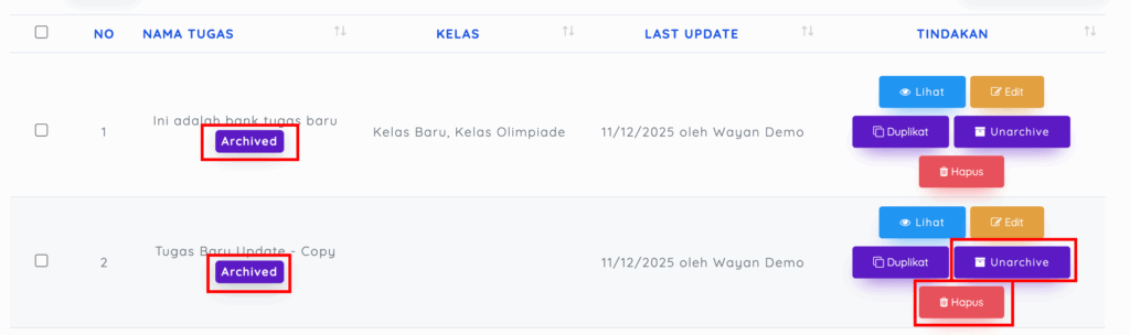 status tugas archived dan bisa dihapus