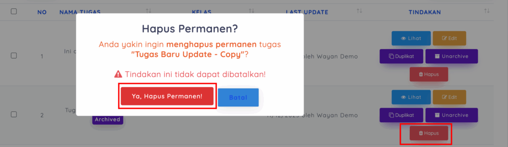 Hapus tugas secara permanen