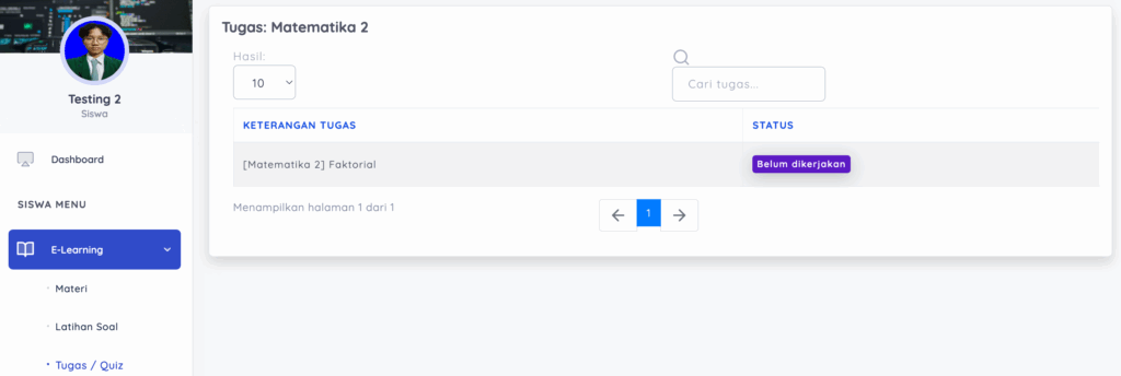 tampilan tugas e-ujian di siswa
