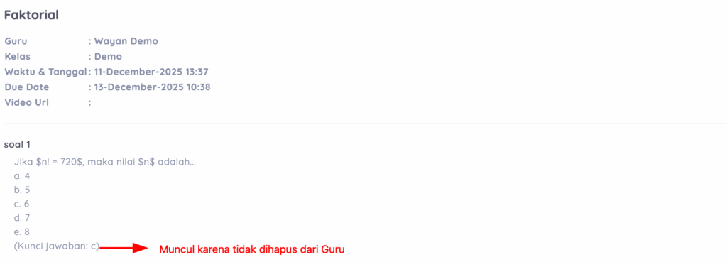 tampilan tugas dari siswa