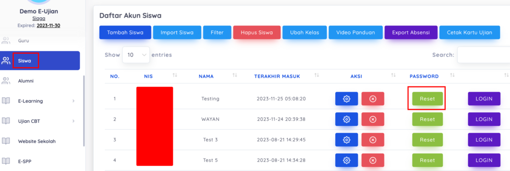 Reset password siswa ke default