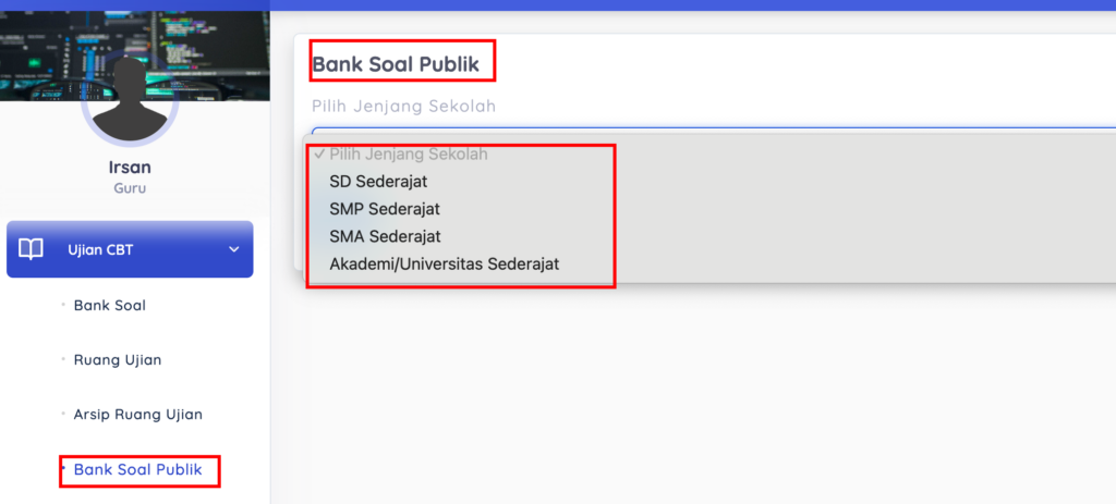 Cara Menggunakan Bank Soal Lintas Sekolah (Bank Soal Publik) - pilih bank soal publik