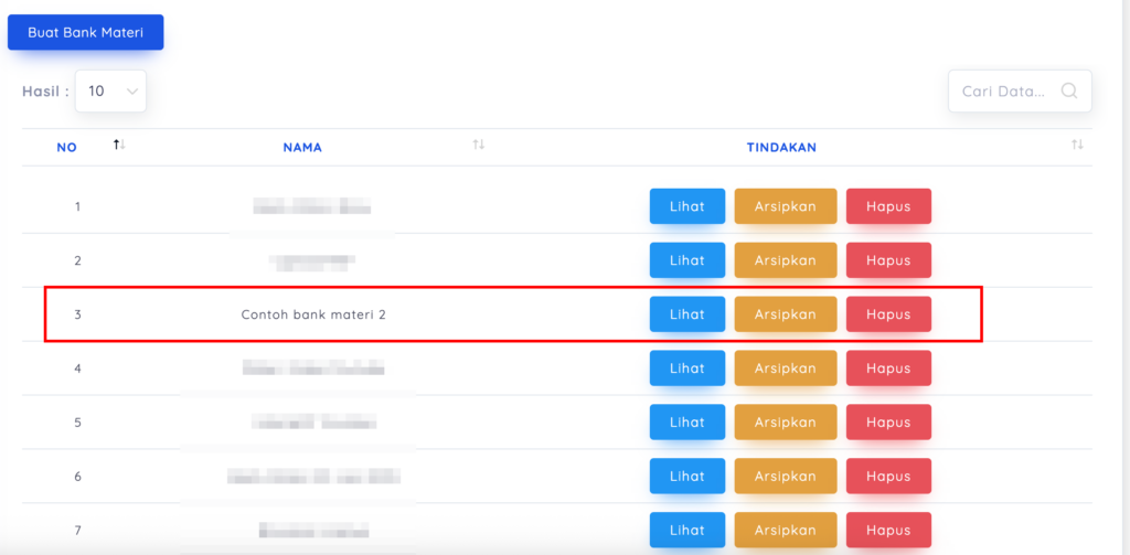 Tampilan daftar materi yang telah berhasil dibuat