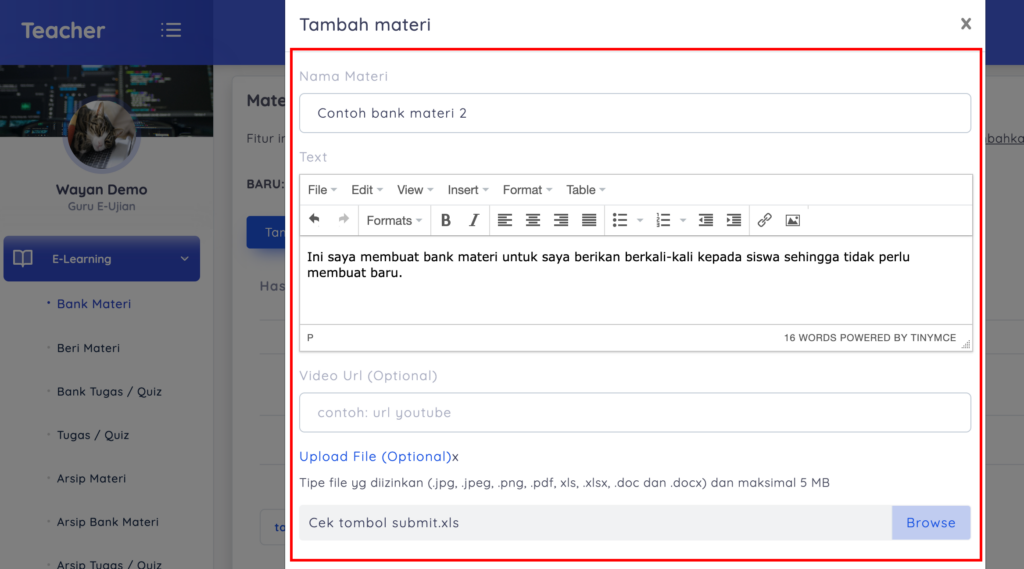 menu untuk membuat bank materi di e-ujian.id