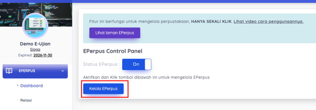 Menu untuk kelola eperpus e-ujian.id