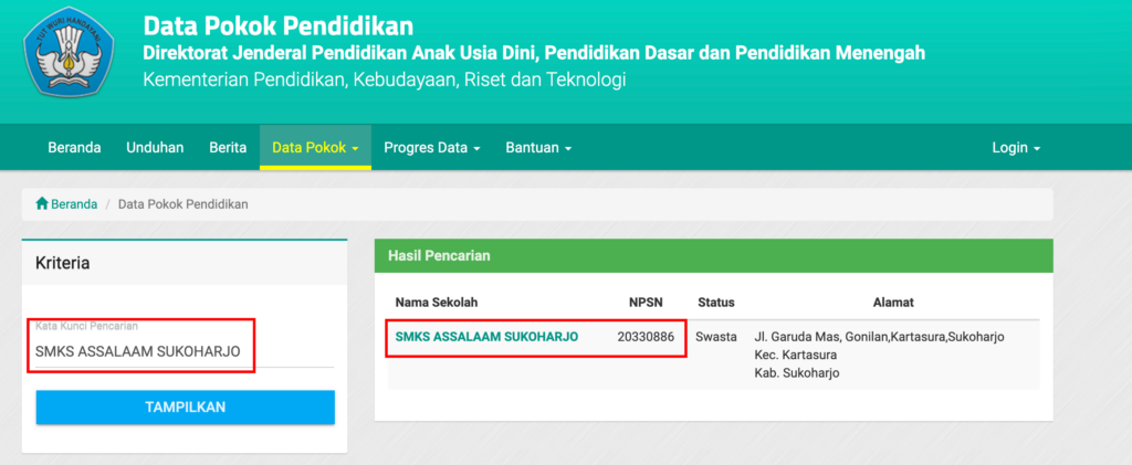 Contoh hasil pencarian NPSN sekolah