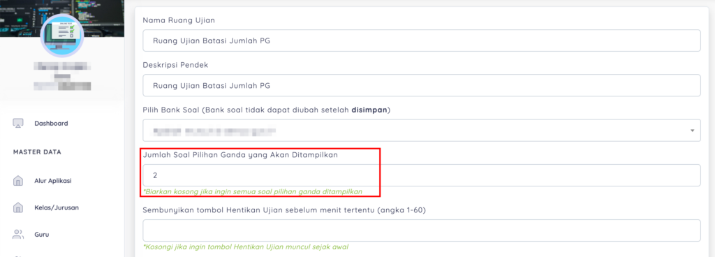 membatasi jumlah soal yang ingin ditampilkan di ruang ujian