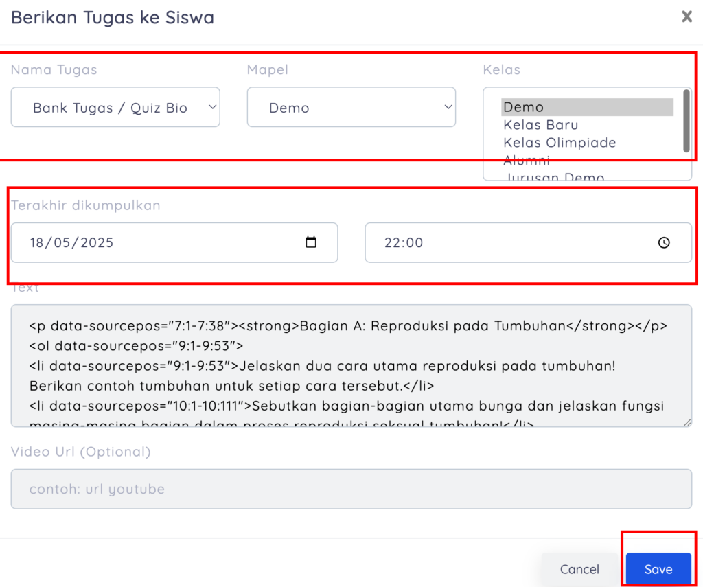 form pemberikan tugas siwa