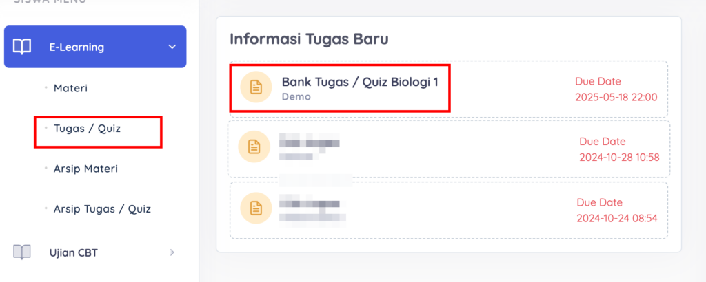 tampilan tugas di siswa