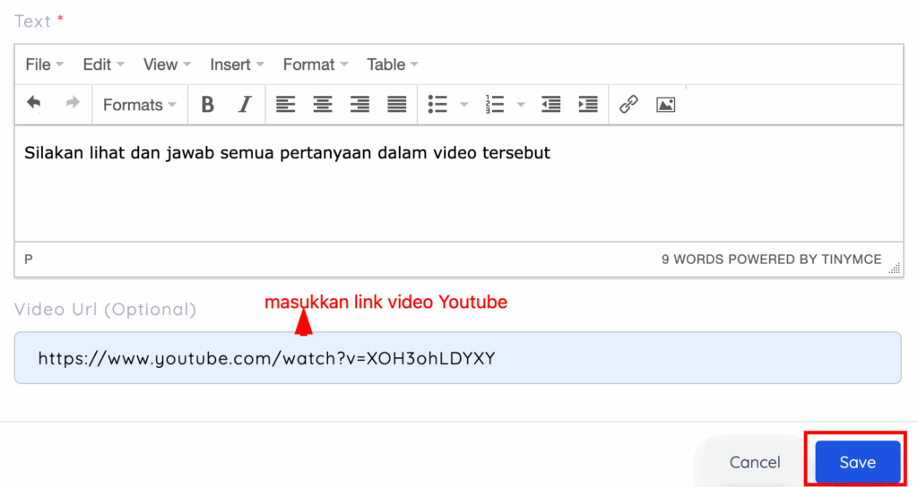 masukkan link video youtube di materi
