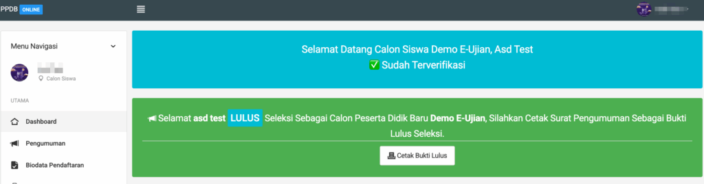 Halaman dashboard peserta SPMB/PPDB