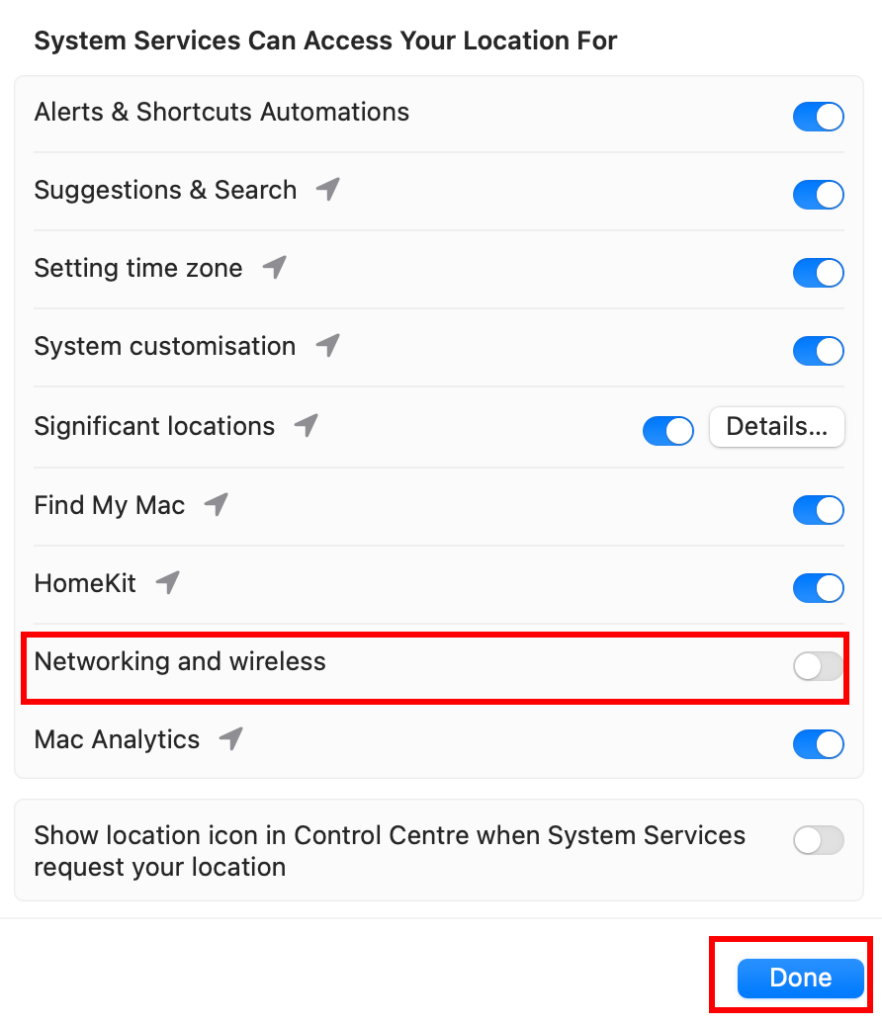 Nonaktifkan proteksi wifi macbook berdasarkan lokasi untuk memperbaiki masalah WiFi Tidak Muncul di Laptop
