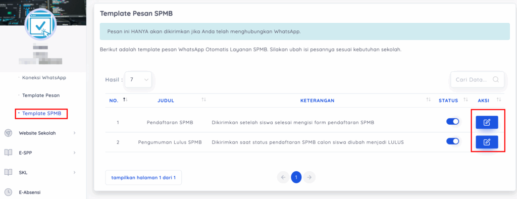 Menu untuk mengubah isi pesan WhatsApp otomatis SPMB