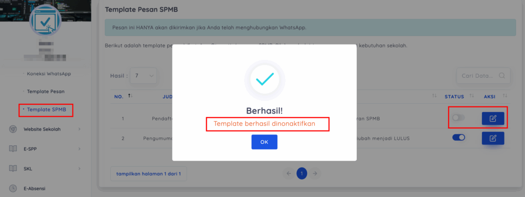 menu untuk menonaktifkan pesan whatsapp otomatis spmb e-ujian.id
