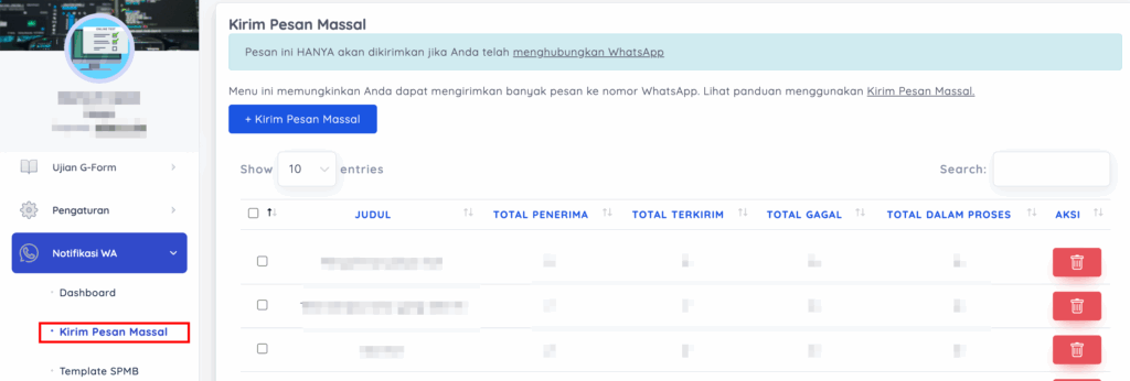 menu kirim pesan massal WhatsApp