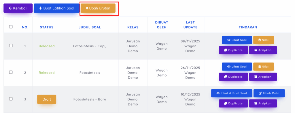 cara mengubah urutan latihan soal siswa