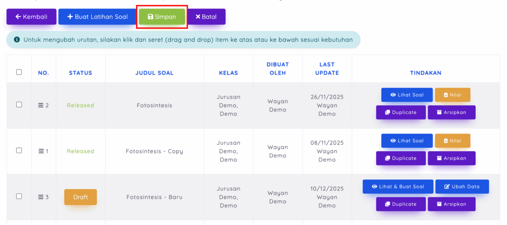simpan urutan latihan soal siswa
