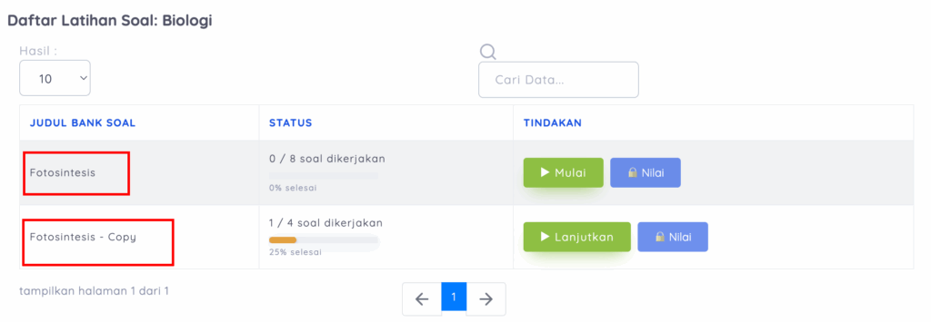 tampilan urutan latihan soal siswa