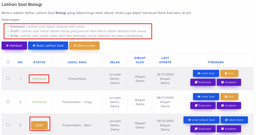 Penjelasan status latihan soal
