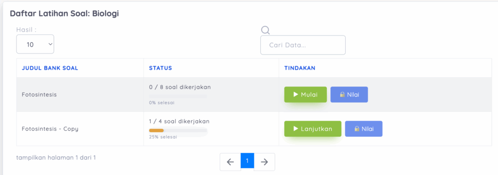 tampilan latihan soal siswa yang siap untuk dikerjakan