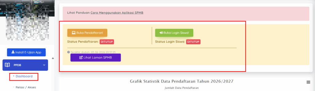 Menu halaman admin untuk membuka dan menutup SPMB