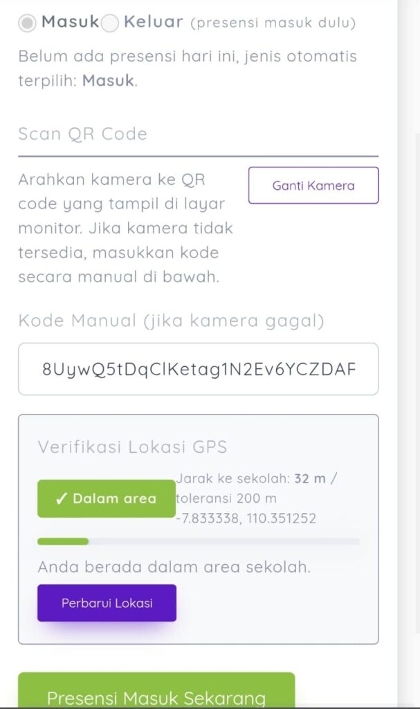 tampilan presensi masuk siswa