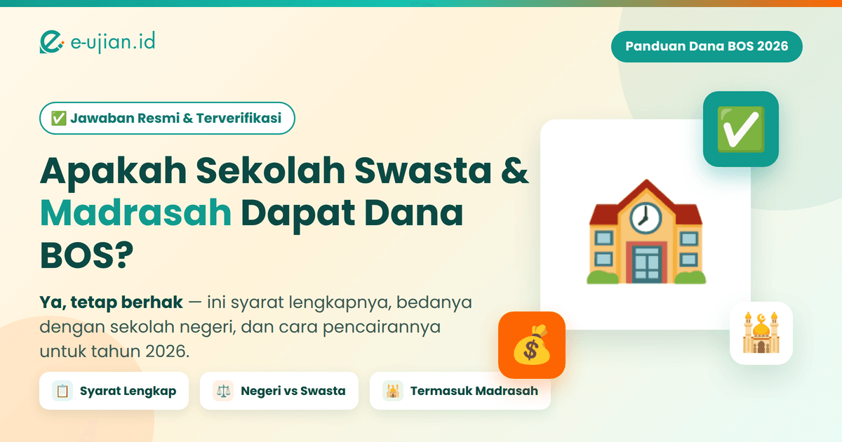 Apakah sekolah swasta dan madrasah dapat Dana BOS 2026 - ilustrasi panduan syarat dan perbedaan dengan sekolah negeri dari e-ujian.id