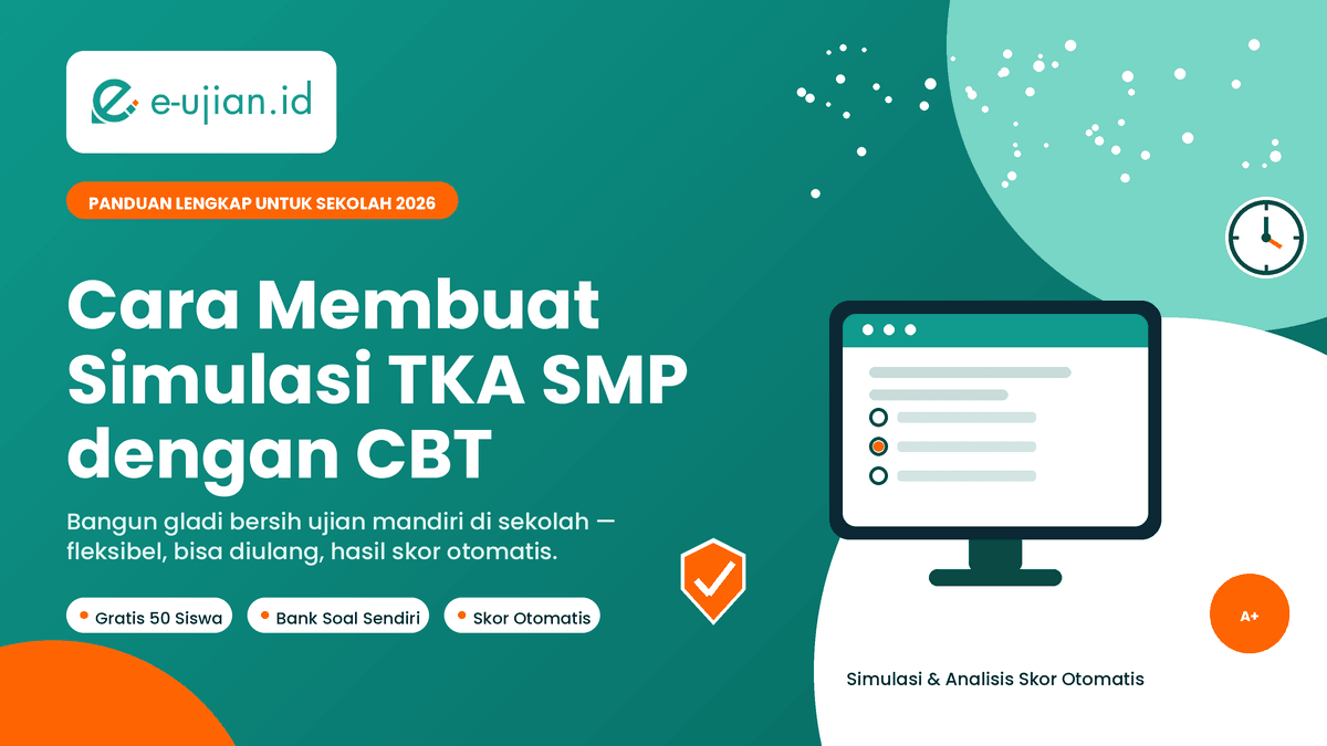 Ilustrasi cara membuat simulasi TKA SMP dengan sistem CBT e-ujian.id, menampilkan layar ujian online, ikon keamanan Safe Exam Browser, dan skor otomatis