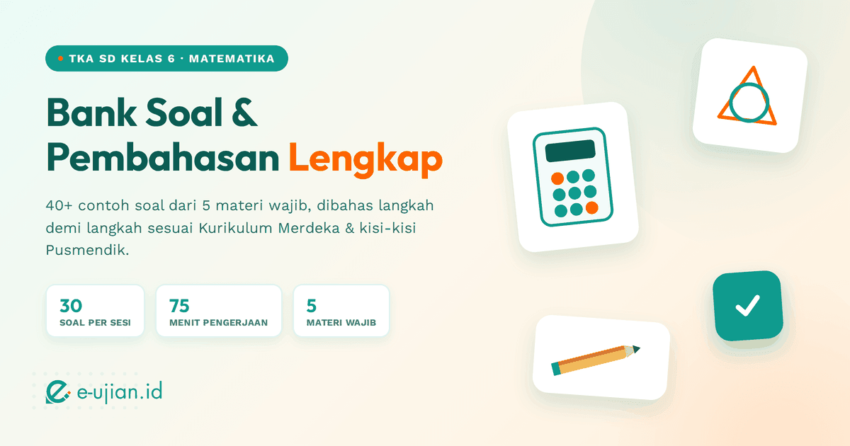 Bank soal dan pembahasan lengkap TKA SD Kelas 6 Matematika 2026 — 30 soal, 75 menit, 5 materi wajib sesuai Kurikulum Merdeka | e-ujian.id