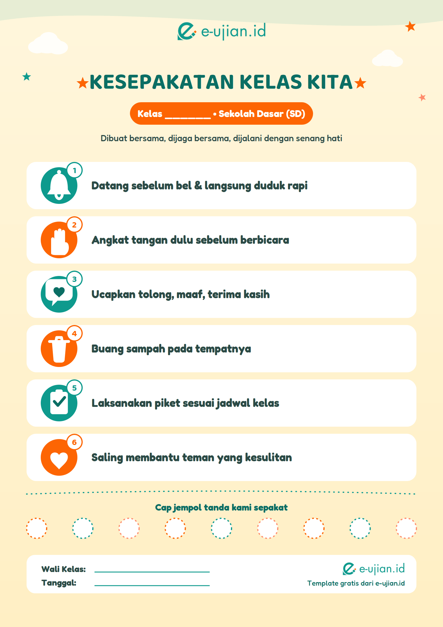 Contoh poster kesepakatan kelas SD - template siap cetak berisi 6 aturan kelas bergambar tentang kedisiplinan, sikap, kebersihan, dan kerja sama untuk siswa sekolah dasar