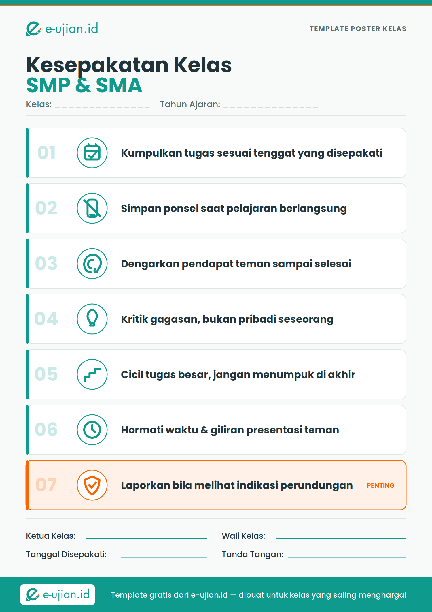 Contoh poster kesepakatan kelas SMP dan SMA - template siap cetak berisi 7 aturan kelas tentang tanggung jawab akademik, etika diskusi, penggunaan gawai, dan pencegahan perundungan