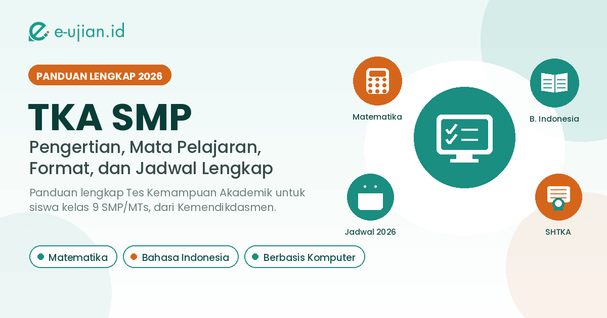 Ilustrasi TKA SMP 2026: panduan lengkap pengertian, mata pelajaran Matematika dan Bahasa Indonesia, ujian berbasis komputer (CBT), jadwal, dan SHTKA untuk siswa kelas 9 SMP/MTs — e-ujian.id