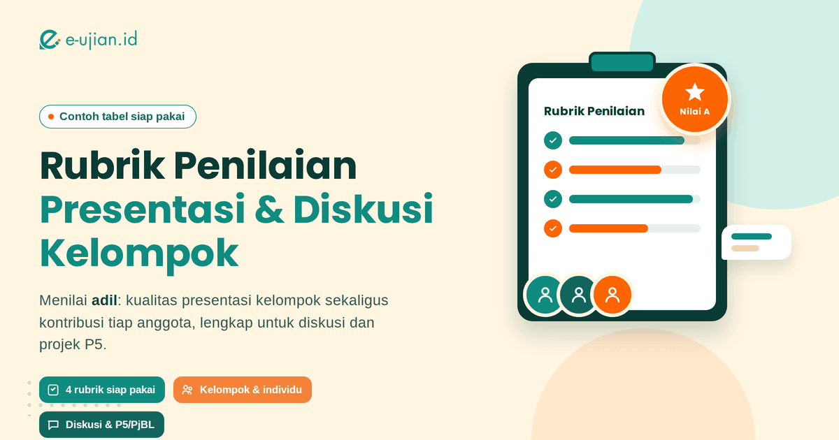 Ilustrasi rubrik penilaian presentasi dan diskusi kelompok berupa clipboard checklist, badge nilai, kelompok siswa presentasi, dan bubble diskusi — e-ujian.id