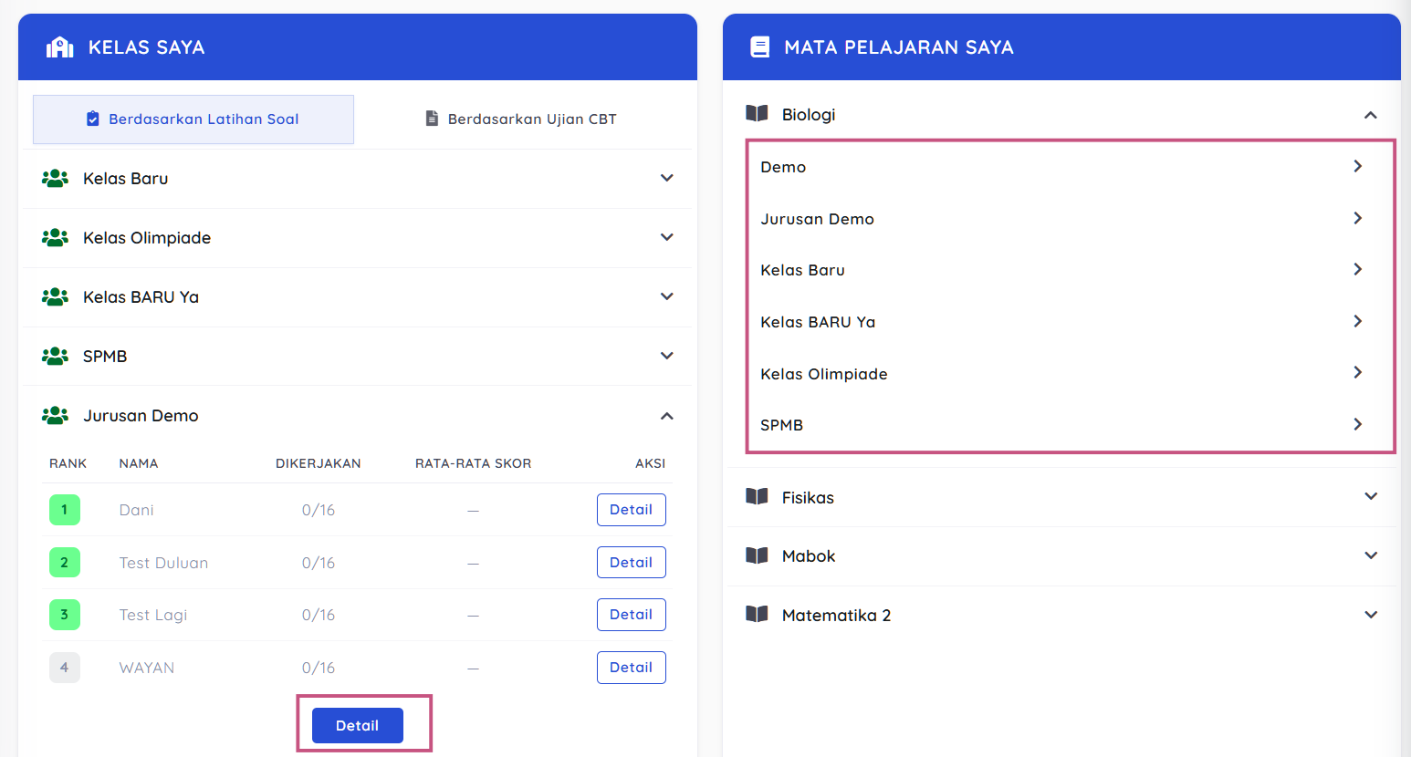 Tampilan capaian Siswa
