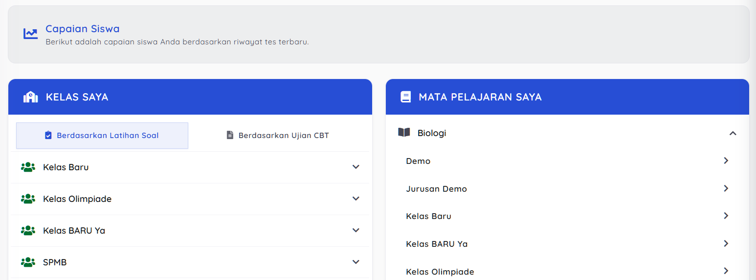 Menu capaian siswa berdasarkan latihan soal, ujian cbt dan mapel