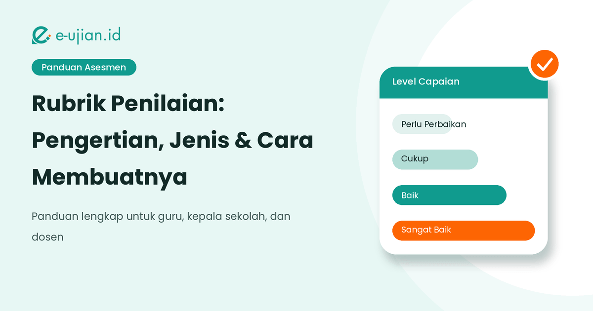 Ilustrasi rubrik penilaian dengan empat level capaian — perlu perbaikan, cukup, baik, sangat baik — panduan pengertian, jenis, dan cara membuat rubrik penilaian dari e-ujian.id