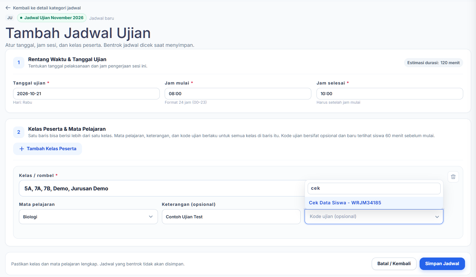 isi form jadwal ujian