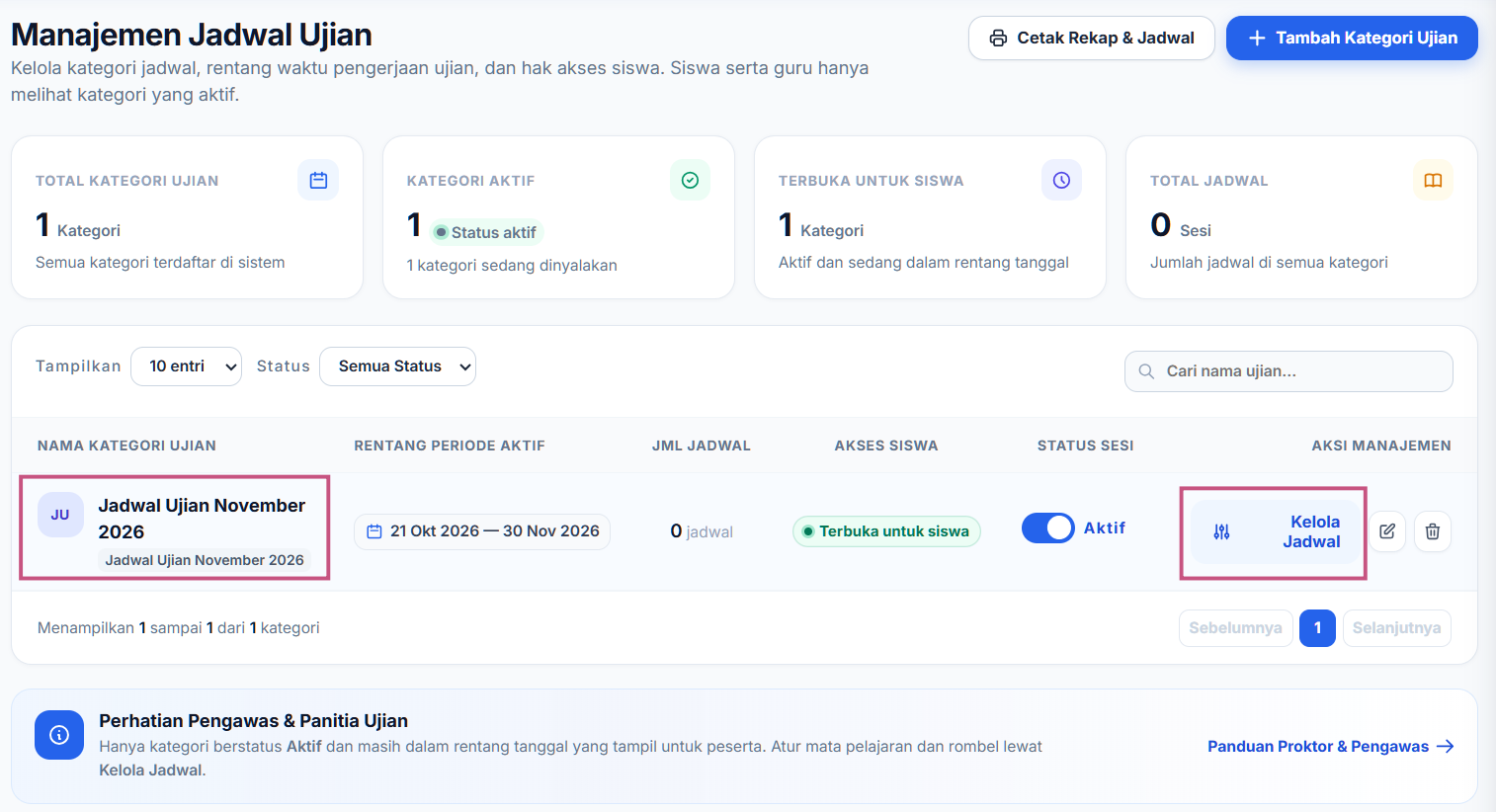 Kelola kategori jadwal ujian