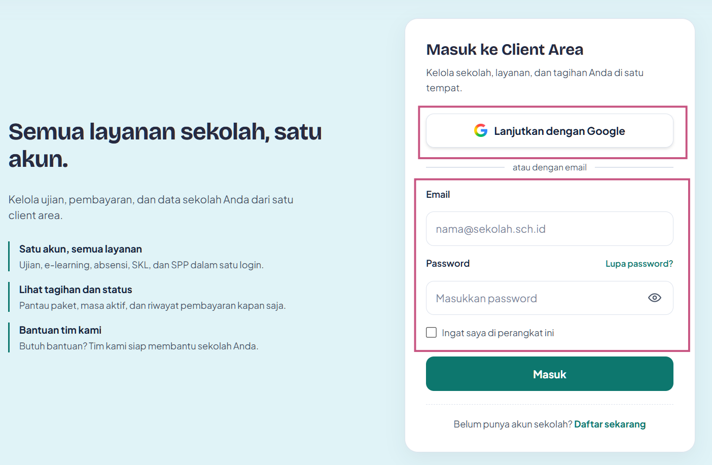 Halaman login client area e-ujian.id